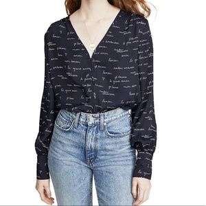 Joie L’Amour Dipak Navy Blue Script Blouse Sz M
